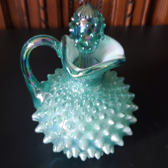 🥰 Fenton 6" Irredescent Hobnail Green Glass Overlay Cruet & Stopper 😍 - Picture 3 of 11